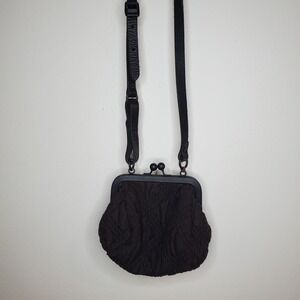 All Saints Brown Ruched Kiss Lock Clutch Crossbody Bag Silk Leather Strap